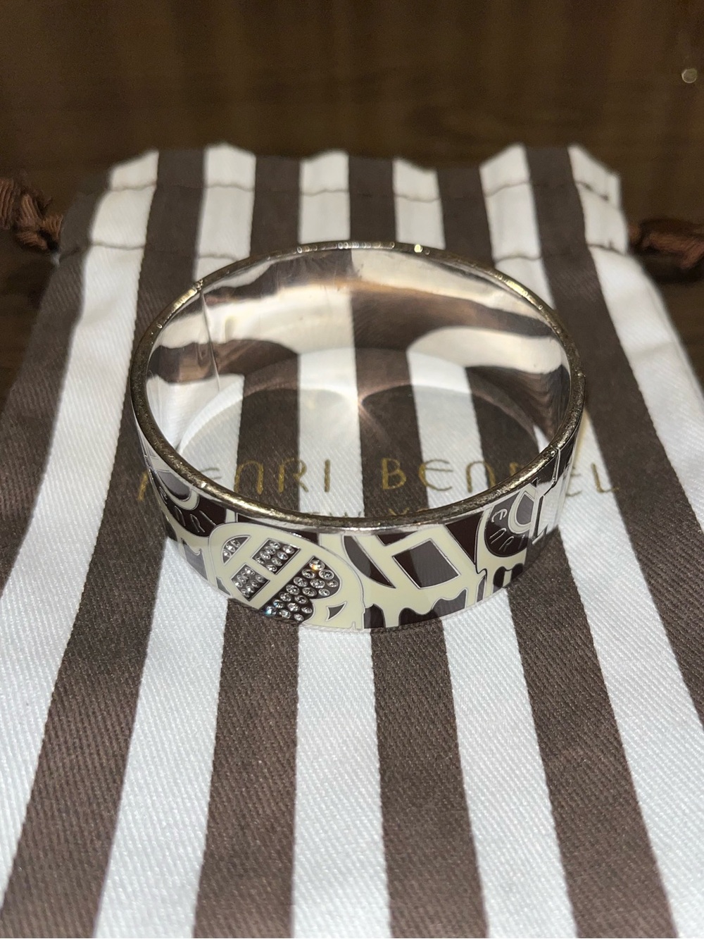 Henri Bendel Cream and Brown Logo Patterned Enamel Bangle with Crystals